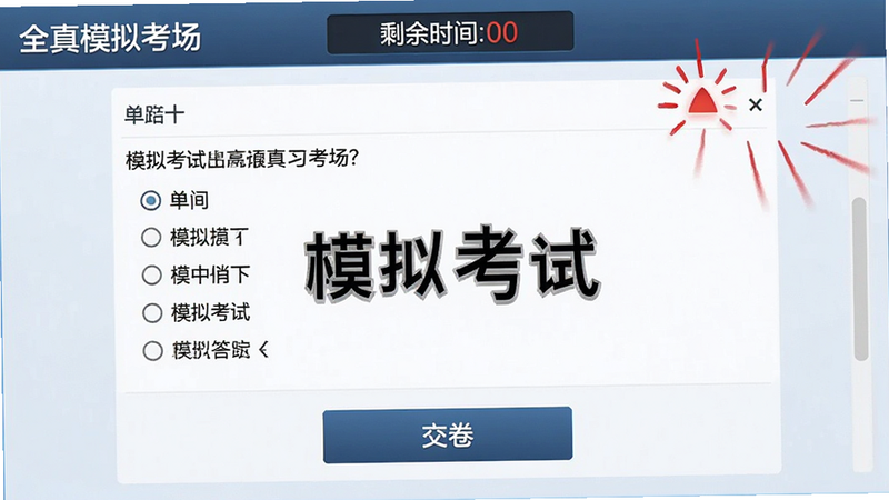 展示“全真模拟考场”界面的设计图,主体为考试答题页面,顶部显示剩余时间,中部为单选题题干和选项,底部为“交卷”按钮,风格严肃专业,色调偏冷,细节处体现紧迫感,画质清晰,干净,文字内容包含“模拟考试”