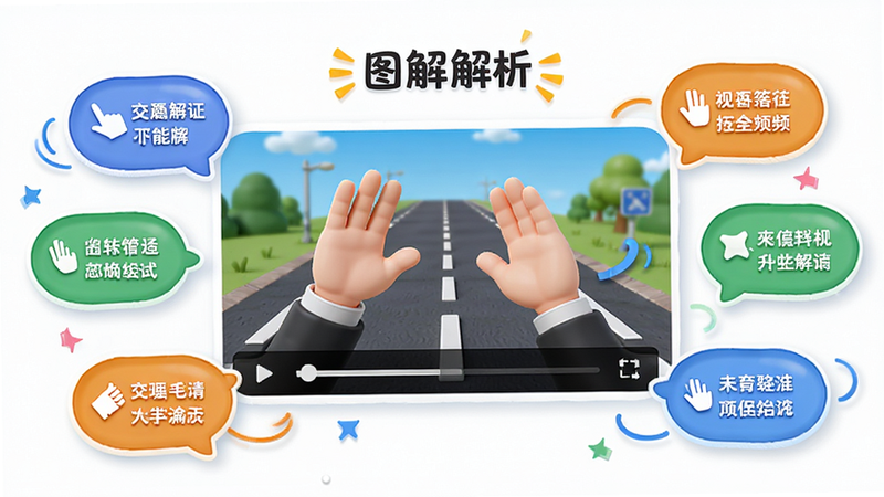 展示视频图解功能界面的设计图,主体为一个播放中的交通手势动画视频,周围环绕着相关的文字解析气泡,布局活泼,风格卡通化但保持专业,细节处有动态效果暗示,画质精致,干净,文字内容包含“图解解析”