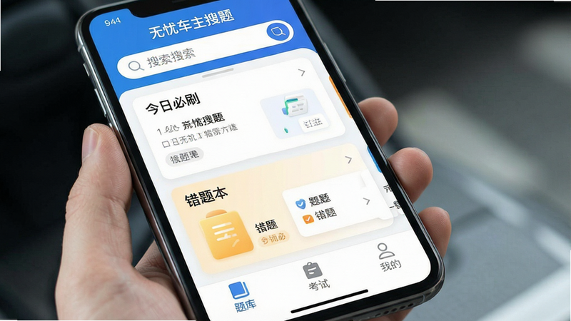 一张高清手机应用界面展示图,主体为“无忧车主搜题”App首页,布局清晰,顶部显示搜索栏,中部为“今日必刷”和“错题本”模块,底部导航栏包含“题库”、“考试”、“我的”图标,风格扁平化,色调以蓝白为主,细节处体现科技感,画质4k,干净无多余元素,文字内容包含“无忧车主搜题”