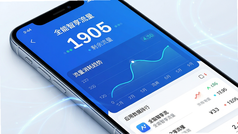 主体为一款名为“全能智享流量”的手机APP界面展示,布局清晰,顶部显示当前剩余流量大数字,中部为流量消耗趋势折线图,底部为应用数据排行列表,风格为现代极简科技风,蓝色与白色为主色调,细节处有流光效果,画质高清,干净,无多余元素,文字“全能智享流量”清晰可见