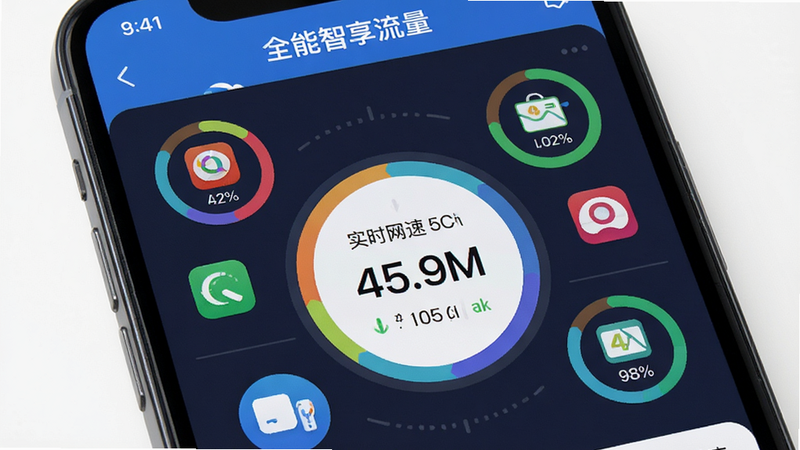 主体为手机屏幕特写,显示“全能智享流量”APP内的实时监控模块,布局为仪表盘样式,中心显示实时网速,周围环绕不同应用图标及其流量占比圆环,风格为扁平化设计,细节丰富,色彩鲜艳,画质清晰,干净,无多余元素