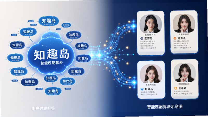 知趣岛智能匹配算法示意图,左侧为用户兴趣标签云,右侧为匹配成功的用户卡片,中间通过发光的数据流连接,科技感与温馨感并存,蓝色主色调,细节精致