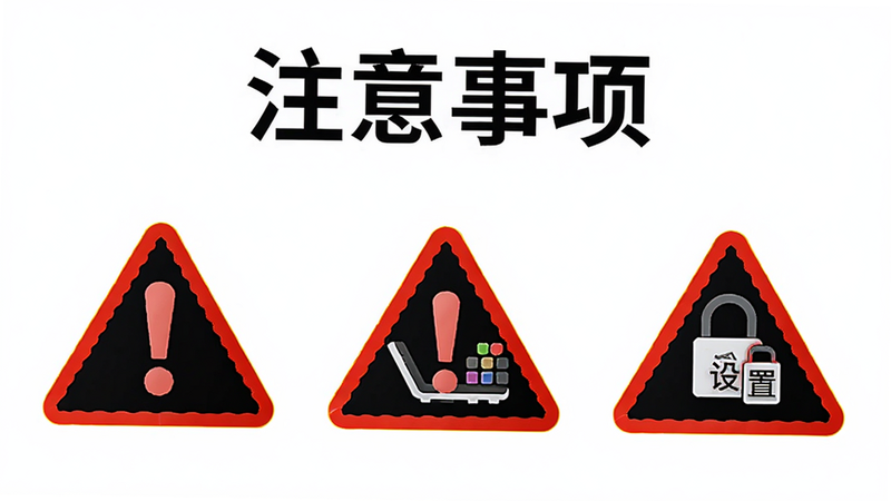 主体为连点器+使用注意事项图示,布局包含三个警告图标分别代表权限、频率和后台设置,风格警示且清晰,细节处有红色感叹号,画质高清,干净,无多余元素,文字