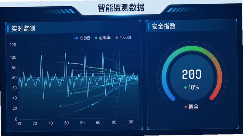 主体为智能监测数据仪表盘,布局为左右分栏,左侧显示实时心率波形,右侧显示环境安全评分,排版工整,风格为科技感蓝白配色,细节包含动态数据流效果,画质清晰,干净,无多余元素,文字内容包含“实时监测”与“安全指数”