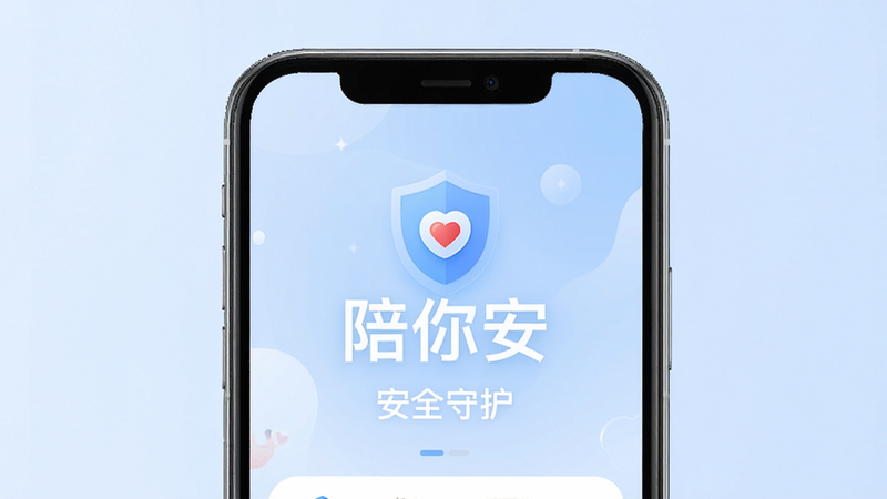 主体为“陪你安”APP的手机界面展示,布局采用居中对称设计,背景为柔和的淡蓝色渐变,排版清晰简洁,风格为现代扁平化UI设计,细节处包含盾牌图标与心形元素,画质高清,干净,无多余元素,文字内容包含“陪你安”及“安全守护”
