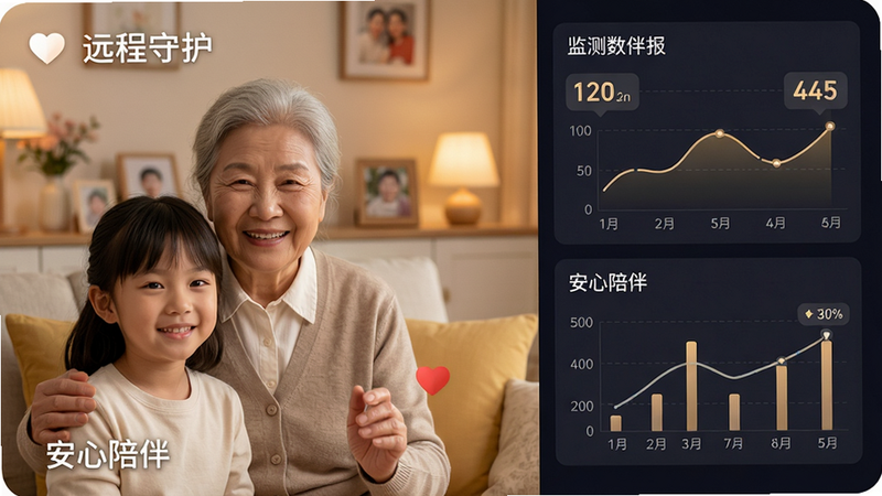 主体为子女与老人远程视频通话界面,布局为左右分屏,左侧显示老人实时画面,右侧显示监测数据图表,排版温馨,风格为暖色调家庭场景,细节包含爱心图标与数据标签,画质温暖,干净,无多余元素,文字内容包含“远程守护”与“安心陪伴”