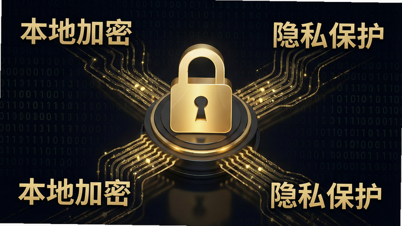 主体为数据加密过程示意图,布局为中央核心加密锁图标,周围环绕着数据流线条,排版紧凑有序,风格为深色背景搭配金色高光,细节包含二进制代码纹理,画质精致,干净,无多余元素,文字内容包含“本地加密”与“隐私保护”
