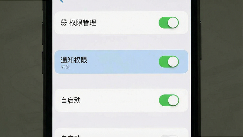 主体为手机设置界面截图,布局为垂直列表形式,高亮显示“通知权限”与“自启动”选项,排版清晰,风格为系统原生UI风格,细节包含开关状态指示器,画质清晰,干净,无多余元素,文字内容包含“权限管理”与“自启动”