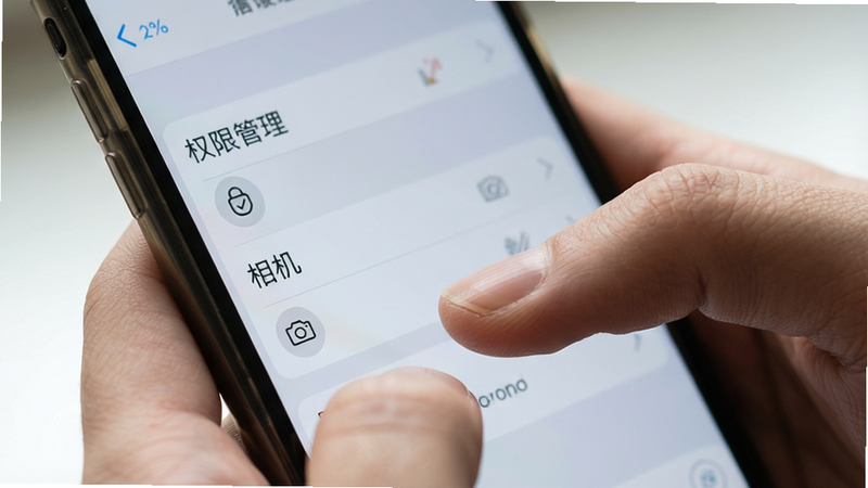 主体为一双正在操作手机的手指,背景模糊显示手机屏幕上的设置菜单界面,突出显示“权限管理”和“相机”选项,布局特写视角,风格为写实摄影风,细节展示清晰的按键图标和手指动作,画质高清,干净,无多余元素