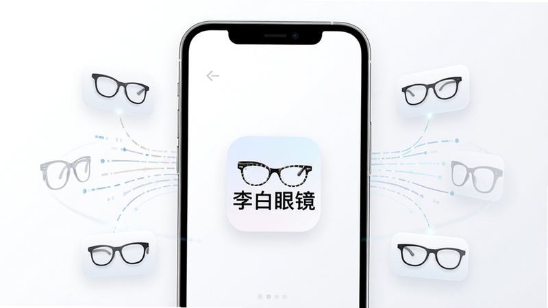 主体为一部竖屏显示的智能手机,屏幕中央显示着“李白眼镜”App的启动界面,背景为干净的白色渐变,手机周围环绕着虚拟的镜框图标和数据流线条,布局简洁中心对称,风格为现代科技感极简主义,细节展示清晰的屏幕UI设计,画质高清8k,干净,无多余元素
