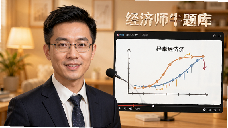 讲师头像特写,旁边播放着视频解析界面,画面中有简单的经济学曲线图动画示意,背景虚化,突出“经济师牛题库”的音视频学习功能,色调温暖,专业,高质量,无杂乱元素
