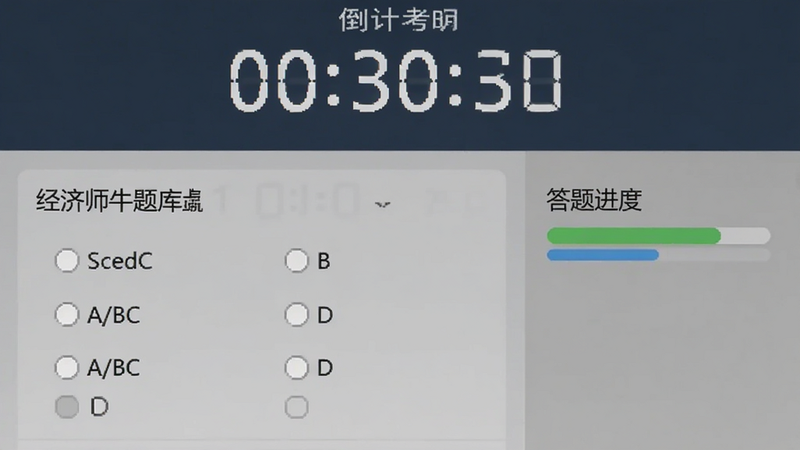 模拟考场界面截图风格,屏幕显示倒计时计时器,下方是单选题题目,选项A/B/C/D清晰可见,右侧有答题进度条,整体色调严肃专业,强调“经济师牛题库”的模拟考试功能,界面扁平化设计,干净利落