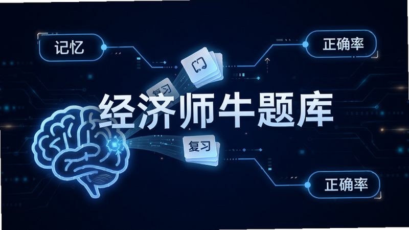 概念图,展示一个大脑图标正在吸收发光的错题卡片,背景是深蓝色科技风,线条连接着“记忆”、“复习”、“正确率”三个标签,视觉中心突出“经济师牛题库”字样,风格极简,清晰,高分辨率