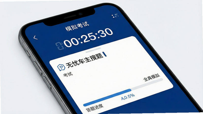 手机屏幕显示“模拟考试”界面,顶部显示倒计时“00:25:30”,中间为题目区域,下方有答题进度条,整体布局严谨,色调为深蓝与白色搭配,风格专业严肃,细节处有进度指示器,画质高保真,干净,无多余元素,文字包含“无忧车主搜题”和“全真模拟”