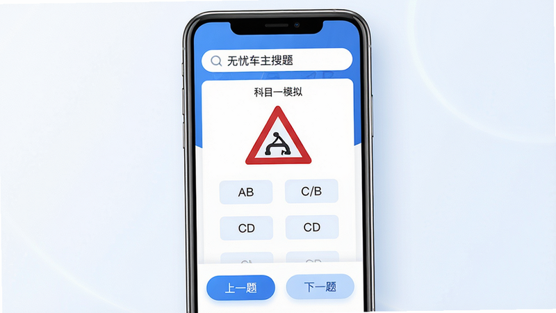 主体为一部竖直放置的智能手机,屏幕显示“无忧车主搜题”应用界面,布局清晰,顶部有搜索栏,中间展示一道关于交通标志的选择题,选项A/B/C/D排列整齐,底部有“上一题”“下一题”按钮,风格为现代简约科技风,蓝色为主色调,细节处有柔和的光影效果,画质高清,干净,无多余元素,文字内容包含“无忧车主搜题”和“科目一模拟”