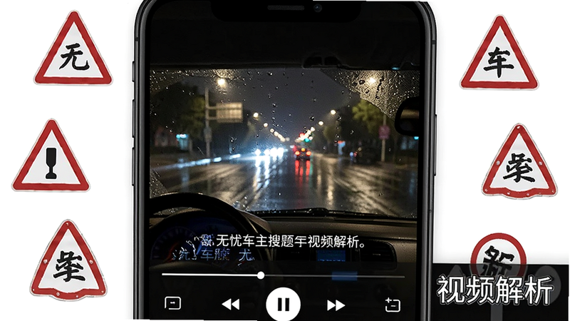 手机界面展示视频播放器,正在播放一段夜间雨天驾驶的视频,视频下方有字幕解说,周围环绕着相关的交通标志图标,布局紧凑,风格写实,细节处有雨滴特效,画质逼真,干净,无多余元素,文字包含“无忧车主搜题”和“视频解析”