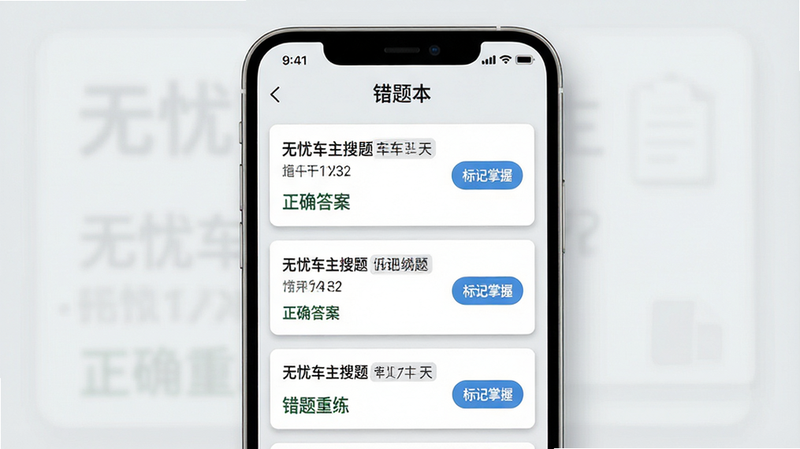 手机界面展示“错题本”模块,布局为卡片式列表,每张卡片显示一道错题的题干摘要和正确答案,右侧有“标记掌握”按钮,背景为浅灰色,文字清晰,风格扁平化,细节处有轻微的阴影增加层次感,画质清晰,干净,无多余元素,文字包含“无忧车主搜题”和“错题重练”