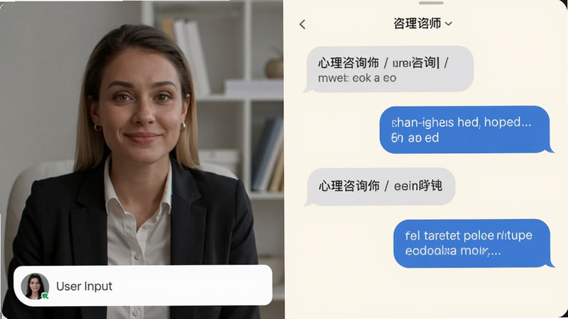 展示心理咨询师与用户在线对话的界面截图,界面左侧是用户输入框,右侧是咨询师回复气泡,背景为柔和的米白色,字体清晰易读,体现专业与亲切感,画质清晰,无水印