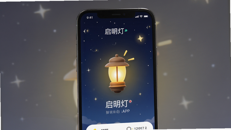 一张展示“启明灯”手机APP界面的概念图,主体为手机屏幕,屏幕中央显示着温暖的黄色灯光图标,背景为深蓝色夜空,周围点缀着星星,整体风格温馨、治愈、科技感强,画质高清,无多余元素