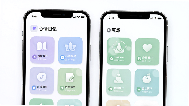展示APP内“心情日记”和“冥想”功能模块的界面,采用卡片式布局,图标色彩柔和,包括紫色、蓝色、绿色等,背景干净,体现秩序感与美感,画质清晰