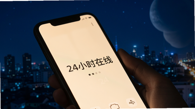 手机屏幕显示“24小时在线”字样,背景为深蓝色夜景,屏幕发出柔和的暖光,象征守护与陪伴,风格简约现代,细节丰富,画质高