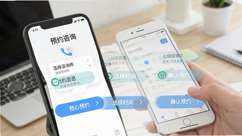 手机界面展示“预约咨询”流程,包括选择咨询师、选择时间、确认预约三个步骤,界面简洁,按钮醒目,体现操作便捷,画质清晰