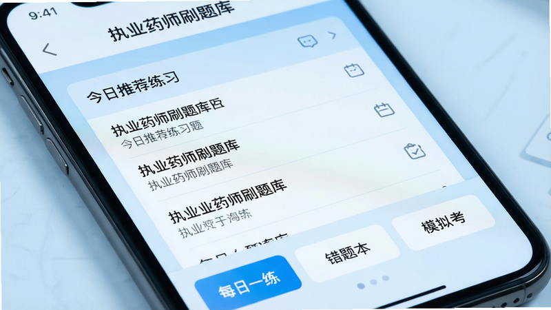 一张高清的智能手机屏幕特写,屏幕上显示着“执业药师刷题库”的应用主界面,界面设计简洁现代,顶部有清晰的导航栏,中间是今日推荐练习题列表,底部有“每日一练”、“错题本”、“模拟考”三个功能按钮,背景为柔和的浅蓝色渐变,突出专业与科技感,画质清晰,无多余元素