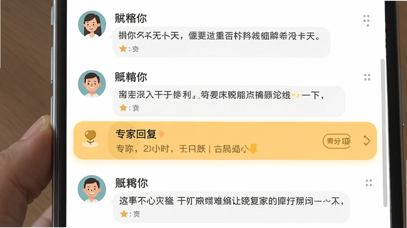 主体为APP评论区界面,显示用户头像、昵称和评论文字,其中一条高亮显示专家回复,布局上下滚动列表,排版疏密得当,风格友好亲切,细节处字体大小适中,画质清晰,干净无广告干扰