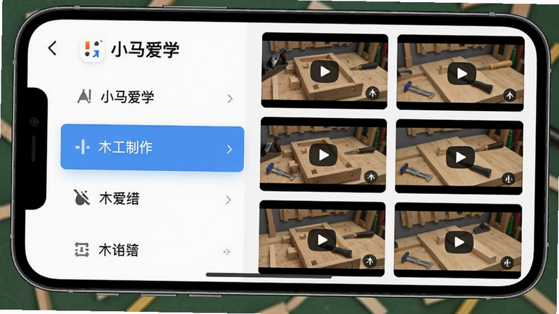 主体为手机屏幕,显示“小马爱学”APP的技能分类页面,左侧为垂直列表,高亮显示“木工制作”,右侧为对应的视频缩略图网格,布局左右分栏,排版紧凑有序,风格扁平化,细节处字体清晰,画质高清,干净简洁
