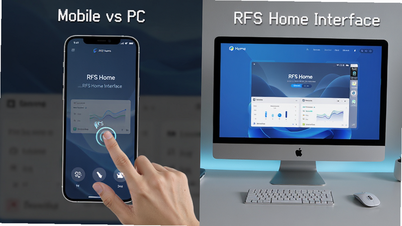 主体为手机与电脑屏幕对比展示RFS Home界面,布局为左右并列,左侧手机显示触控操作手势,右侧电脑显示鼠标操作界面,风格为科技感对比图,细节展示不同平台的交互差异,画质清晰,干净,无多余元素,文字包含