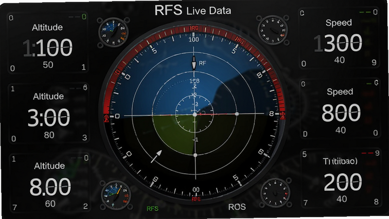 主体为RFS Home实时数据监控面板,布局为圆形姿态仪居中,周围环绕数字读数,背景为半透明黑色磨砂质感,布局紧凑,风格为专业航空仪表风,细节处有红色警戒线标识,画质高分辨率,干净,无多余元素,文字包含