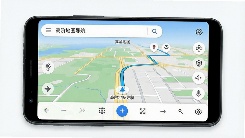 主体为安卓手机屏幕,显示高阶地图导航APP界面,布局清晰,顶部为搜索栏,中间为动态地图路线规划,底部为操作按钮,风格简约现代,细节呈现高清路况信息,画质超清,干净,无多余元素,文字“高阶地图导航”清晰可见