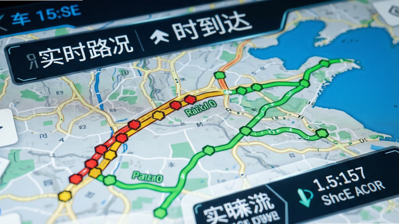 主体为地图界面特写,展示红黄绿三色路况分布,布局聚焦于路线对比,排版紧凑,风格科技感,细节显示实时车速与预计到达时间,画质高清,干净,无杂乱背景,文字“实时路况”醒目