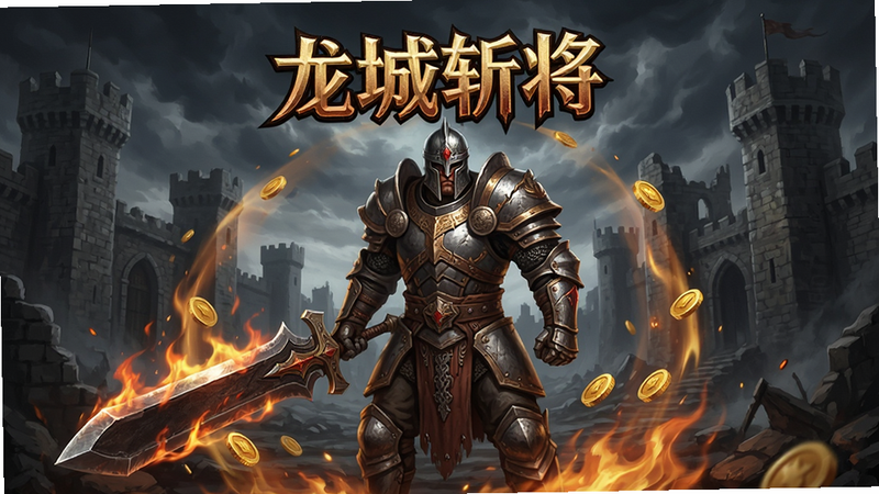 主体为“龙城斩将”游戏主界面,布局采用中心对称构图,中央展示一位身穿重型铠甲的战士手持巨剑,周围环绕着火焰与金币特效,背景是古老的城堡废墟与阴暗的天空,排版清晰突出游戏Logo,风格为写实暗黑奇幻,细节丰富展现盔甲纹理与光影效果,画质4K高清,干净无多余元素,文字包含“龙城斩将”
