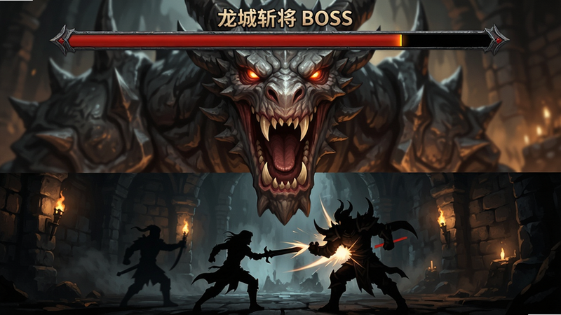 主体为BOSS血条与战斗画面,布局为上下分层,上方显示巨大的BOSS头像与血条,下方是玩家角色的剪影正在攻击,背景是昏暗的地牢,排版突出紧张感,风格为史诗奇幻,细节展示BOSS的怒吼表情与玩家的动作姿态,画质4K,干净无杂乱元素,文字包含“龙城斩将 BOSS”