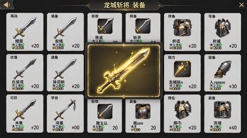 主体为装备仓库界面,布局为网格状排列,中央突出显示一把发光的金色长剑,周围是其他各种武器与防具图标,排版整齐有序,风格为游戏UI设计,细节展示装备名称与属性数值,画质高清,干净简洁,文字包含“龙城斩将 装备”