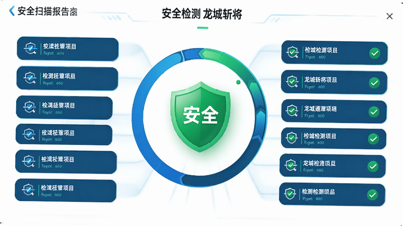 主体为安全扫描报告界面,布局为圆形进度条与列表,中央显示“安全”绿色盾牌图标,周围列出各项检测通过项目,背景为白色,排版简洁专业,风格为科技蓝绿配色,细节展示扫描图标与对勾标记,画质高清,干净无杂乱,文字包含“安全检测 龙城斩将”