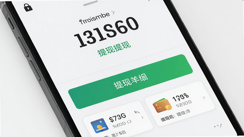主体为手机钱包页面,显示收益明细和提现选项,布局为上下结构,上方为大号余额数字,下方为提现按钮和银行卡列表,排版简洁明了,风格商务简洁,细节包含安全的锁形图标和绿色的提现字样,画质高清,无多余装饰