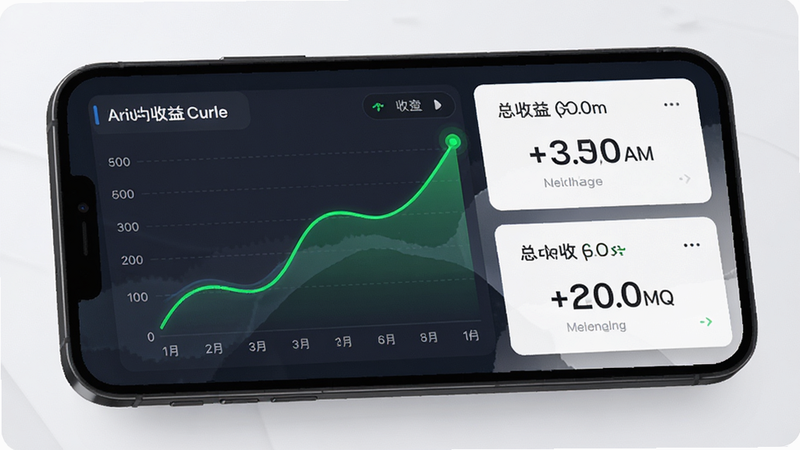 主体为手机收益统计页,显示月度收益曲线图和总收益金额,布局为图表加数据面板,排版美观,风格数据可视化,细节包含上升的绿色曲线和清晰的金额数字,画质高清,背景简洁