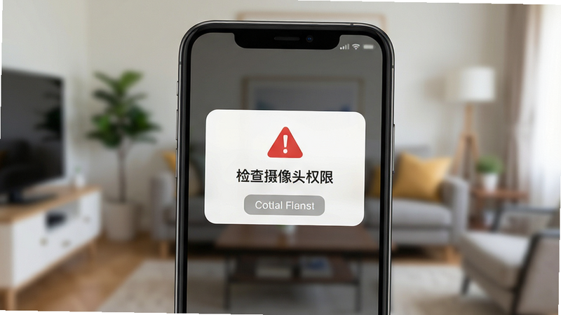 主体为手机屏幕显示错误提示弹窗,弹窗内容为“检查摄像头权限”,背景模糊显示客厅场景,布局居中,排版警示风格,风格扁平化,细节清晰,画质高清,干净,无多余元素