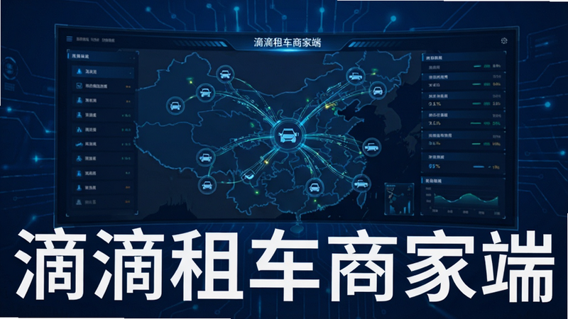 一张概念图,展示一个虚拟的指挥中心大屏,屏幕上显示着地图界面和多个车辆图标,图标周围有数据流线条连接,背景为深蓝色科技风,前景突出“滴滴租车商家端”字样,体现智能调度和实时监控的概念,风格现代、科技感强,细节丰富,画质清晰