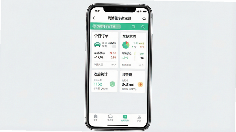 一张高清的智能手机屏幕截图,屏幕中央显示“滴滴租车商家端”APP的主界面,界面风格简洁现代,以白色和浅灰色为背景,顶部有清晰的导航栏,中间区域展示“今日订单”、“车辆状态”、“收益统计”等核心功能卡片,卡片设计扁平化,图标清晰,底部有标签栏。整体布局规整,文字清晰可读,画质高清,无多余装饰元素,呈现专业商务风格