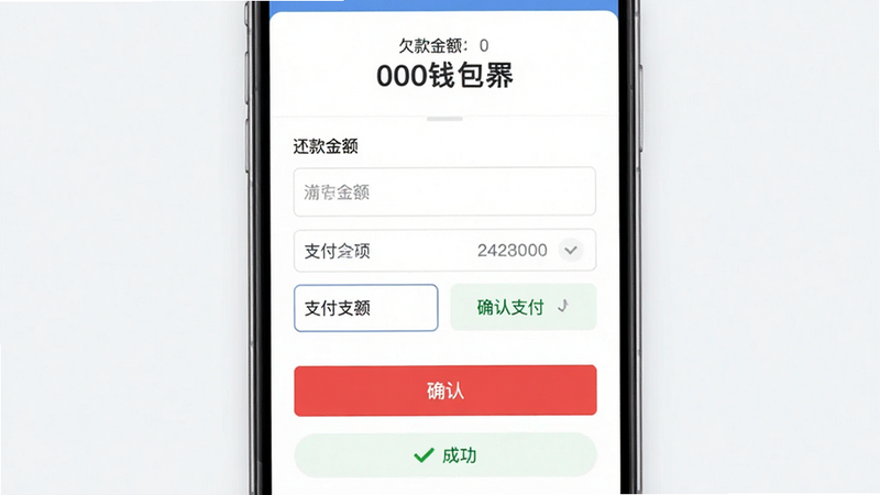 ����ΪKOOǮ������������棬����Ϊ����ʽ���Ϸ���ʾǷ���ܶ�м�Ϊ�������֧��ѡ��ײ�Ϊȷ�ϰ�ť�����Ϊ������ˣ�ϸ�ڰ�����ɫ��ȷ�ϡ���ť����ɫ���ɹ�����ʾ����������Ϊ