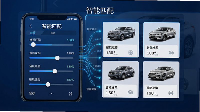 ����һ����������ƥ�书�ܵ�ʾ��ͼ������Ϊ�ֻ����棬��ʾɸѡ�������Ƽ������б����������Ϊɸѡ�����Ҳ�Ϊ������Ƭ���Ű�������򣬷��Ƽ�����ɫ����ϸ����ʾ��������Ч���������������ɾ������ֱ�ע������ƥ�䡱