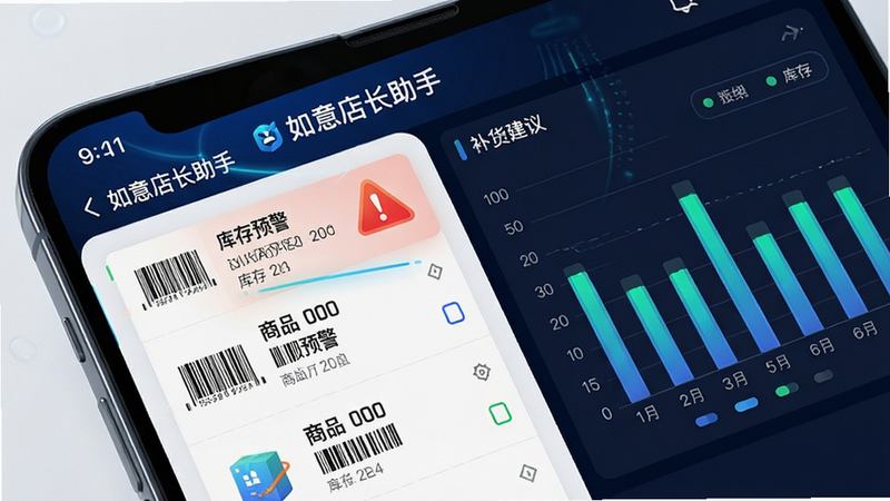 主体为手机屏幕特写,展示“如意店长助手”的库存管理页面,布局分为左右两栏,左栏显示商品列表含条形码,右栏显示库存柱状图,风格为科技感数据可视化,细节丰富,画质清晰,干净,无多余元素,文字内容:“库存预警”、“补货建议”、“如意店长助手”