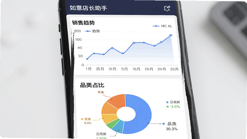 主体为手机界面,展示“如意店长助手”的销售分析模块,布局上方为折线图展示趋势,下方为饼图展示品类占比,风格为极简商务风,细节准确,画质高,干净,无多余元素,文字内容:“销售趋势”、“品类占比”、“如意店长助手”