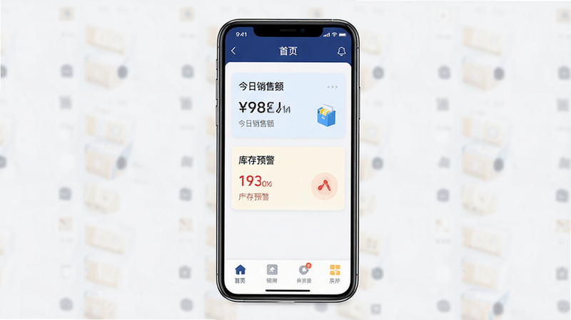 主体为一部竖屏放置的现代智能手机,屏幕显示“如意店长助手”APP界面,布局清晰,顶部为深蓝色导航栏显示“首页”,中间是数据看板包含“今日销售额”和“库存预警”两个核心卡片,底部是功能图标区,风格为扁平化商务UI设计,细节精致,画质高清,干净,无多余元素,文字内容:“如意店长助手”、“今日销售”、“库存预警”