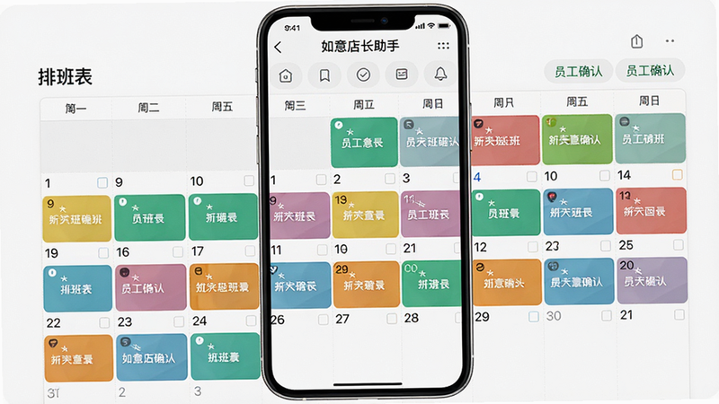 主体为手机屏幕,显示“如意店长助手”的排班日历界面,布局为网格状日期视图,不同颜色代表不同班次状态,风格为清晰易读的表格设计,细节完整,画质清晰,干净,无多余元素,文字内容:“排班表”、“员工确认”、“如意店长助手”