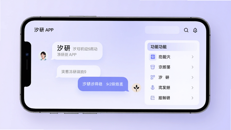 主体为“汐研”APP的高保真UI界面展示,布局采用居中卡片式设计,左侧显示柔和的对话气泡,右侧为功能菜单,背景为淡紫色渐变色,风格现代简约,细节包含清晰的文字排版和精致的图标,画质4k,干净无多余元素