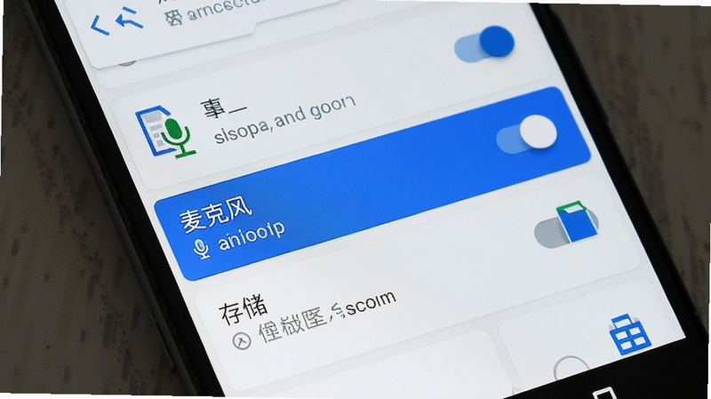主体为安卓手机设置权限界面,布局展示应用权限列表,高亮显示“麦克风”和“存储”权限选项,风格系统原生简洁,细节包含开关状态和提示文字,画质清晰,干净无多余元素